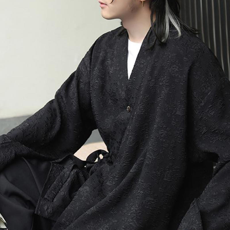 Spring V-Neck Floral Men's Lace-up Design Long Sleeve Shirt - Image 5