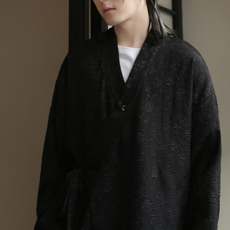 Spring V-Neck Floral Men's Lace-up Design Long Sleeve Shirt - Image 7