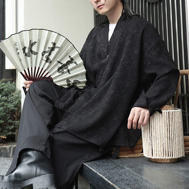 Spring V-Neck Floral Men's Lace-up Design Long Sleeve Shirt - Image 6