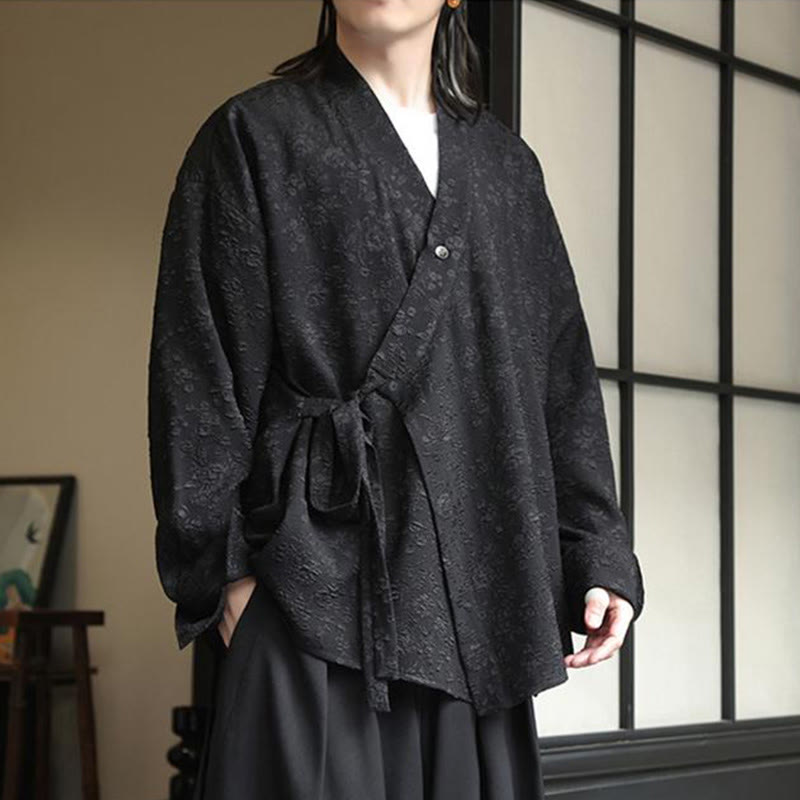 Spring V-Neck Floral Men's Lace-up Design Long Sleeve Shirt - Image 4