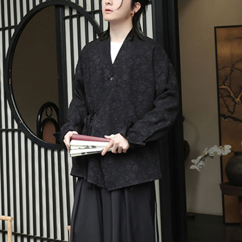 Spring V-Neck Floral Men's Lace-up Design Long Sleeve Shirt - Image 8