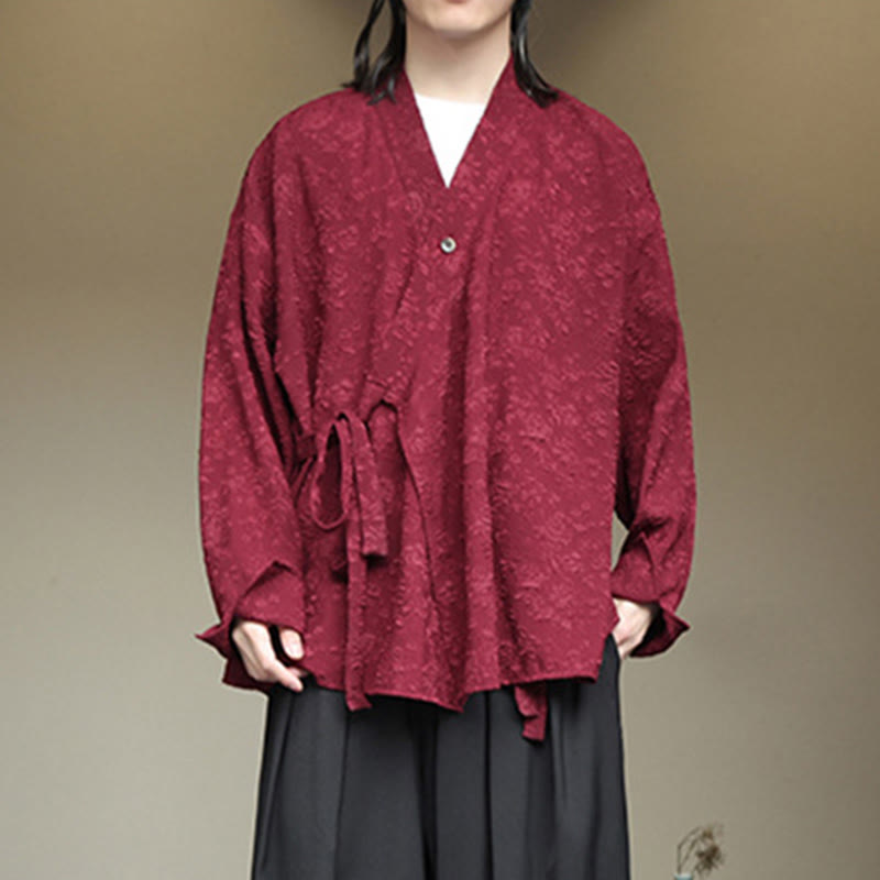 Spring V-Neck Floral Men's Lace-up Design Long Sleeve Shirt - Image 18