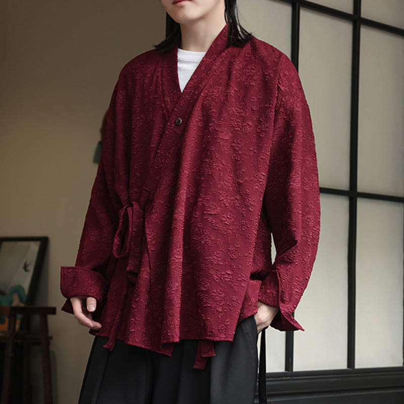 Spring V-Neck Floral Men's Lace-up Design Long Sleeve Shirt - Image 15