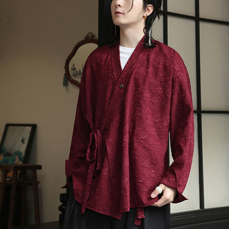 Spring V-Neck Floral Men's Lace-up Design Long Sleeve Shirt - Image 14