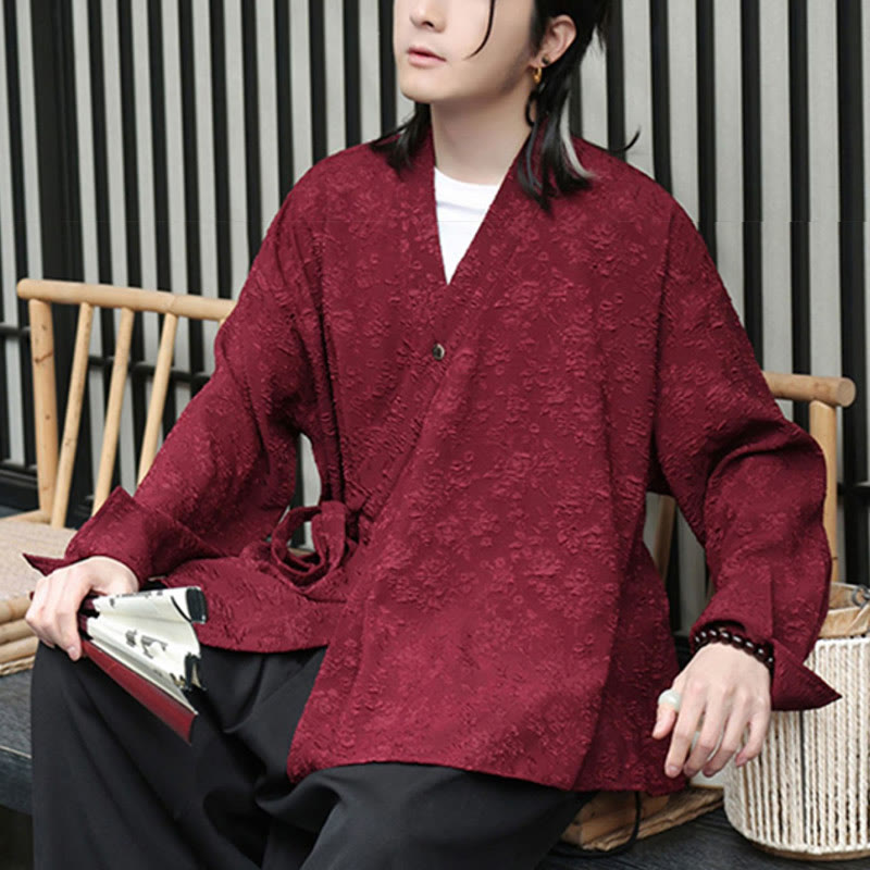 Spring V-Neck Floral Men's Lace-up Design Long Sleeve Shirt - Image 12