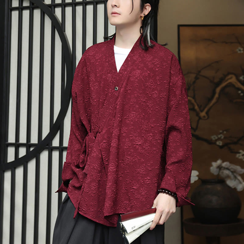 Spring V-Neck Floral Men's Lace-up Design Long Sleeve Shirt - Image 13