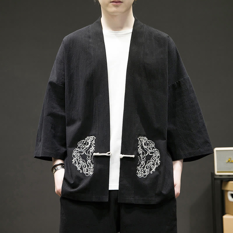 Solid Auspicious Clouds Open Front Long Sleeve Jacket Men's Cotton Kimono - Image 9