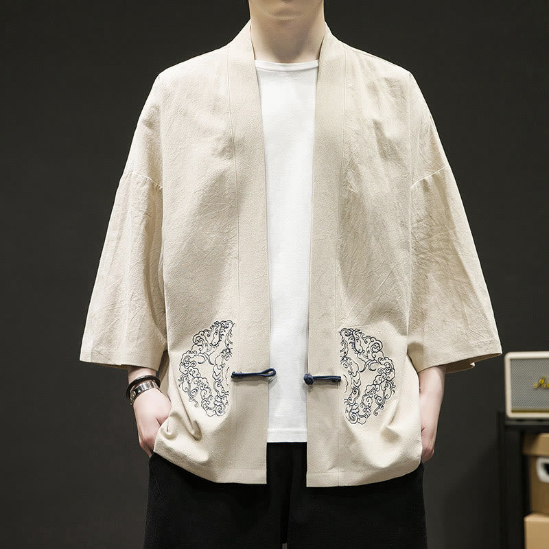 Solid Auspicious Clouds Open Front Long Sleeve Jacket Men's Cotton Kimono - Image 4