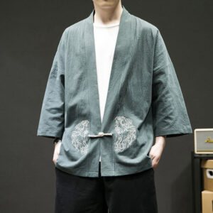 Solid Auspicious Clouds Open Front Long Sleeve Jacket Men's Cotton Kimono