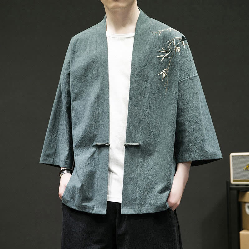 Solid Auspicious Clouds Open Front Long Sleeve Jacket Men's Cotton Kimono - Image 3