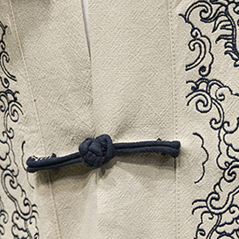 Solid Auspicious Clouds Open Front Long Sleeve Jacket Men's Cotton Kimono - Image 7