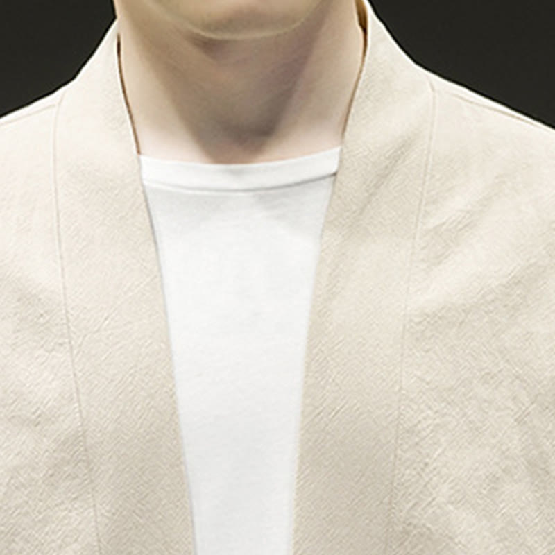 Solid Auspicious Clouds Open Front Long Sleeve Jacket Men's Cotton Kimono - Image 6