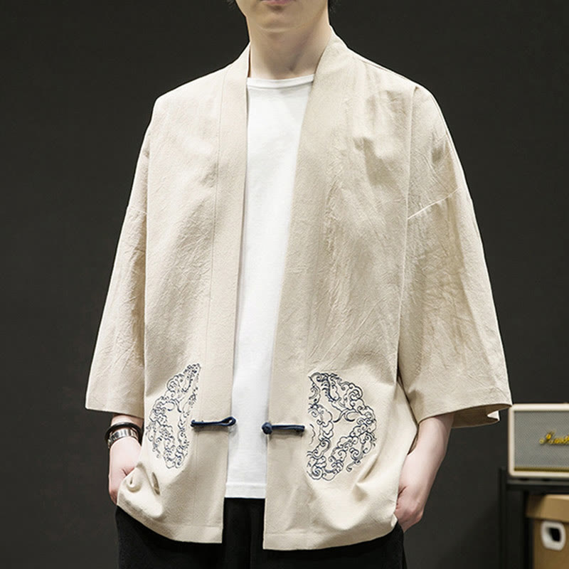 Solid Auspicious Clouds Open Front Long Sleeve Jacket Men's Cotton Kimono - Image 5