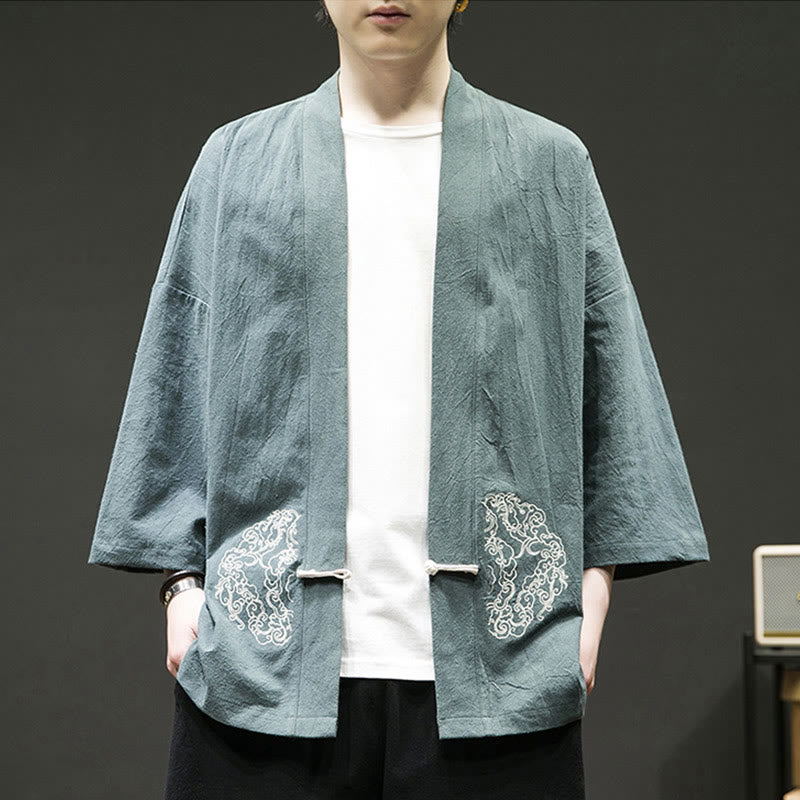 Solid Auspicious Clouds Open Front Long Sleeve Jacket Men's Cotton Kimono - Image 2